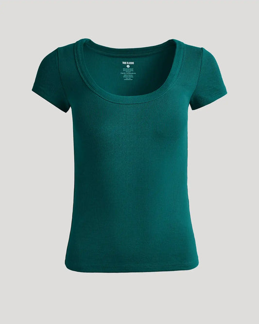 Womens Deep Emerald Ribbed U-Neck Tee