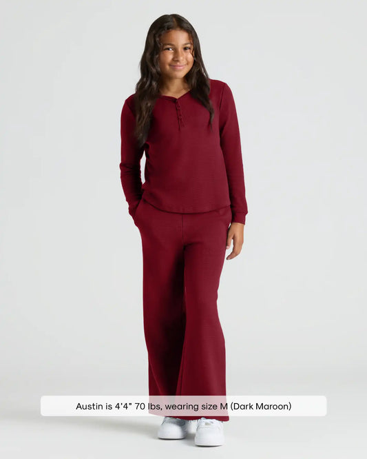 Girls Dark Maroon Waffle Long Sleeve Henley & Waffle Leg Pants 2-Pack